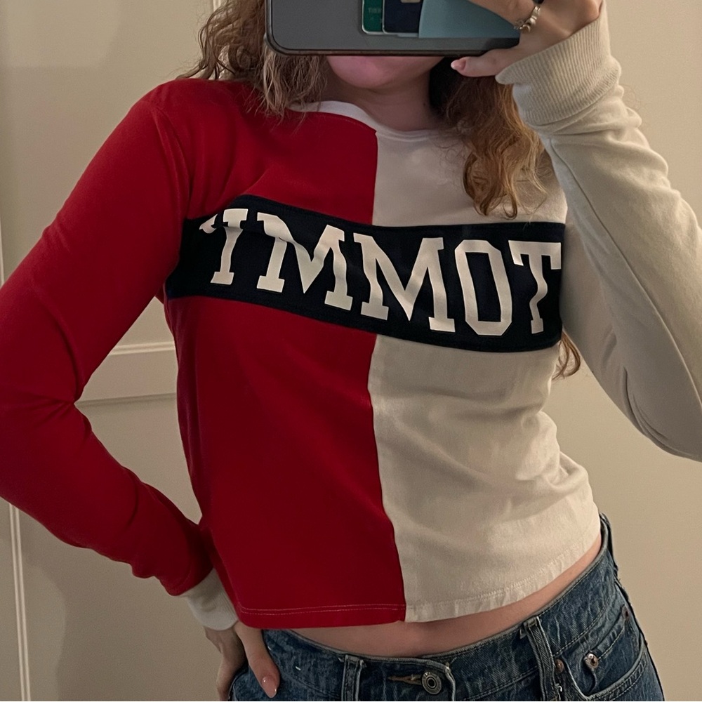 Tommy Hilfiger Red & White Split Logo Long Sleeve Top